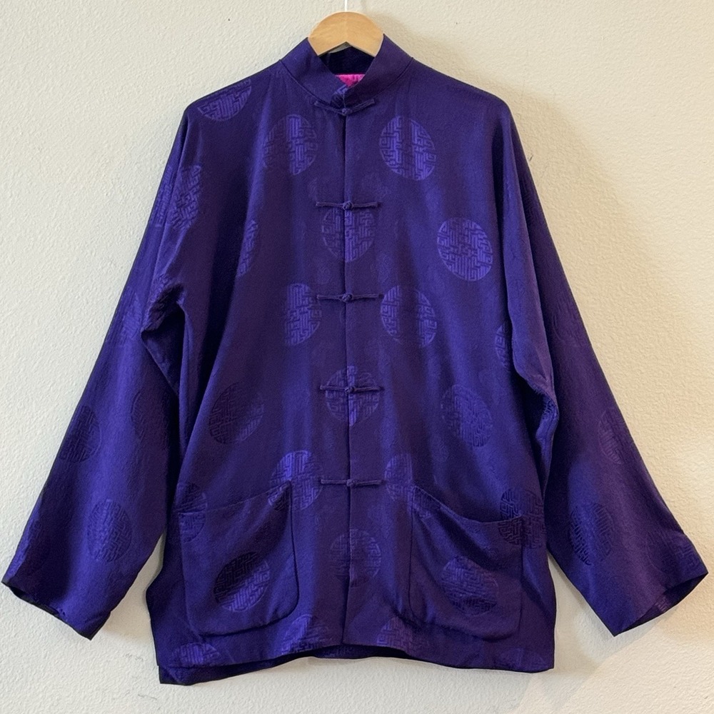 Shanghai Tang Silk Jacket 40 Purple Jacquard Mandarin Collar Frog Closure
